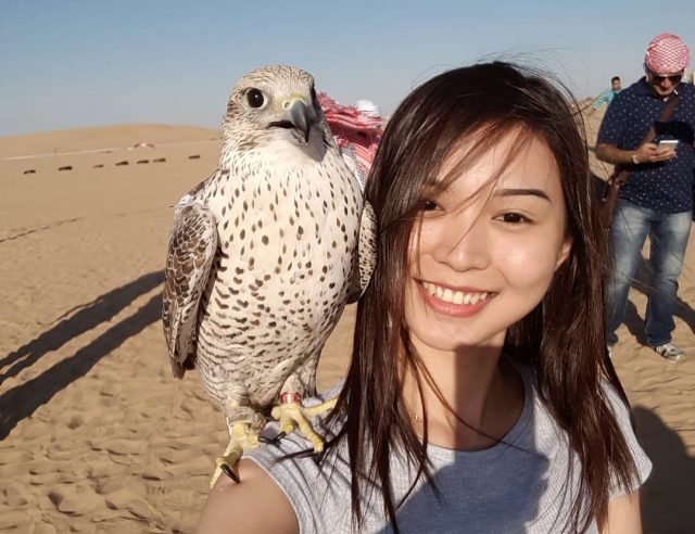 dubai desert safari falcon selfie