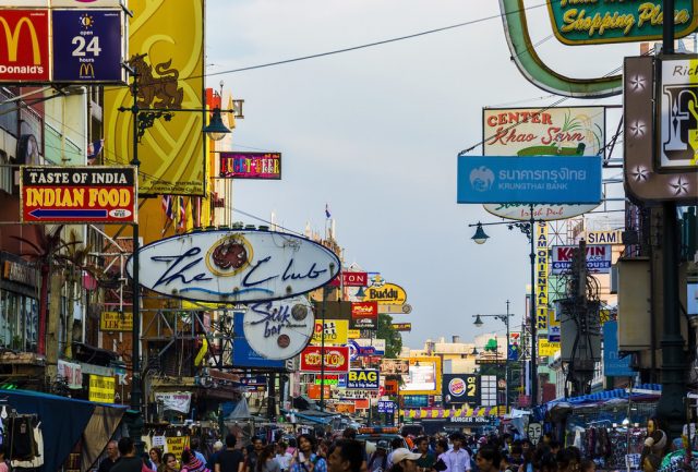 Bars and restaurants packed onto Khao San Road in Bankok, Thailand