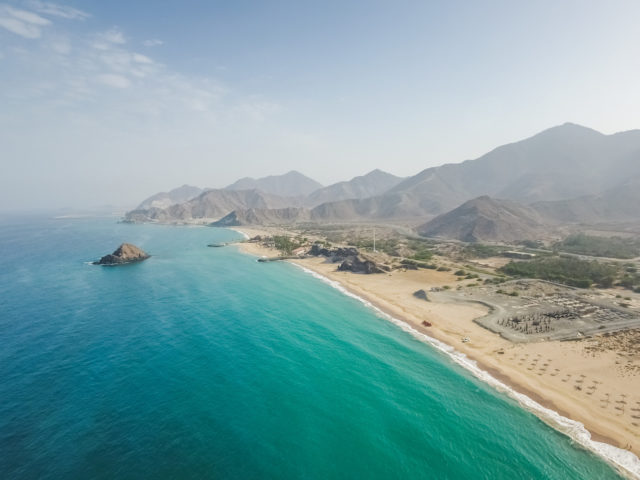 Aerial view of Al Aqah beach and coastline.